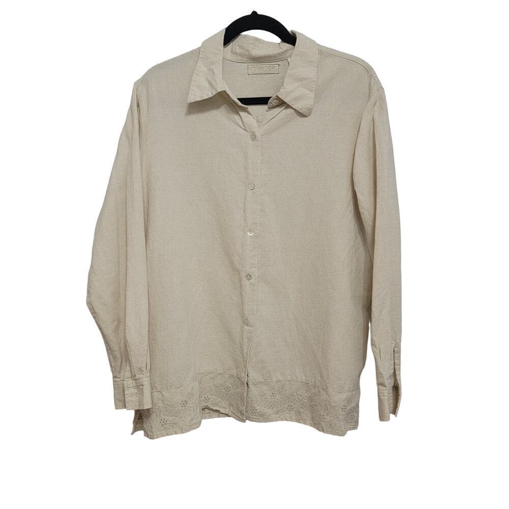 Cherokee Cream Linen Cotton Blend Embroidered Blouse Eyelet Size L Coastal